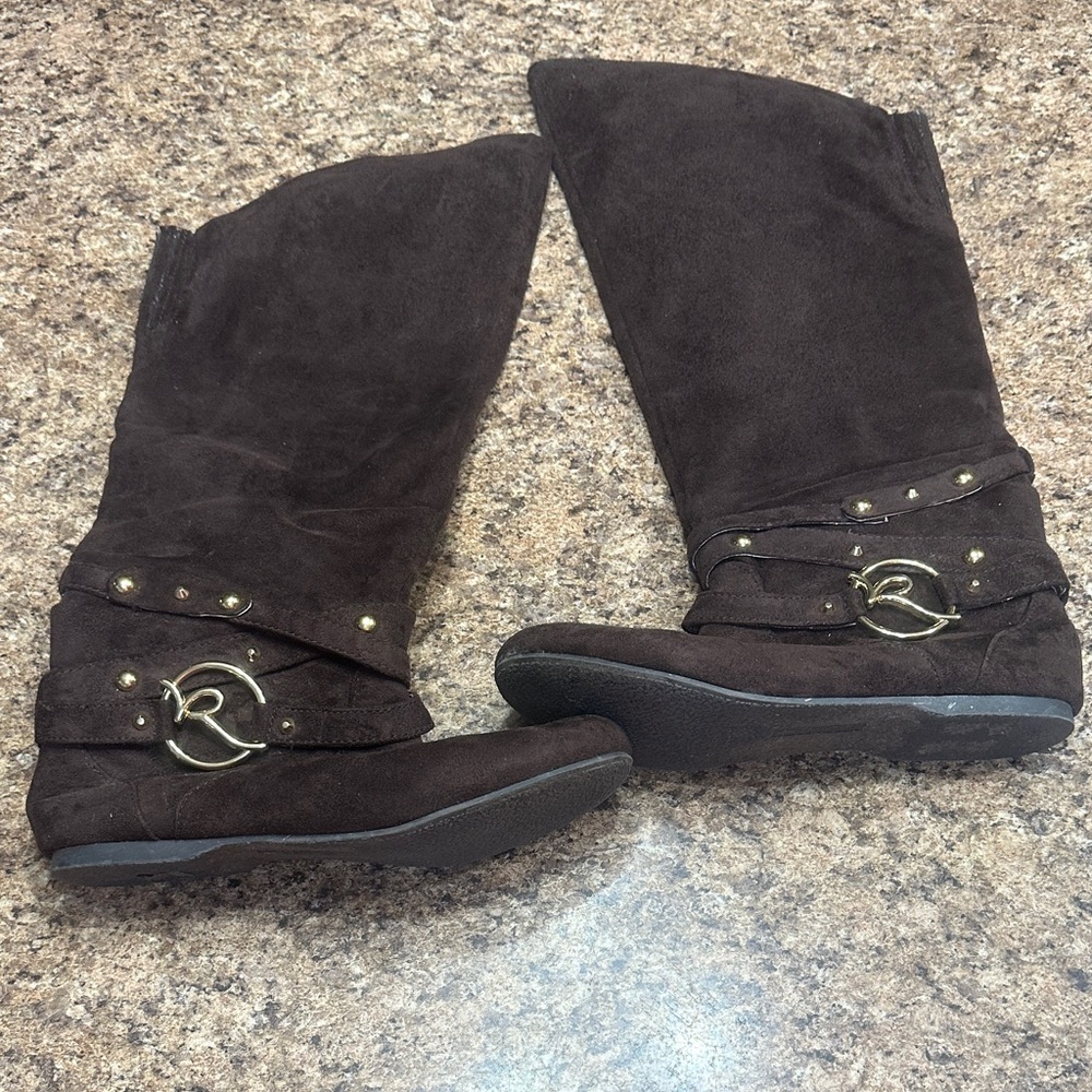 EUC Vintage Rocawear Faux Suede Mid-Calf Boots with Buckle Detail Dark Brown 8